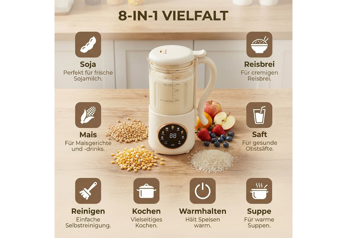 AKKEE Smoothie-Maker 1400ml Nussmilchmaschine, Entsafter Sojamilch Maschine, 600 W, mit 12 klingen Bild 4