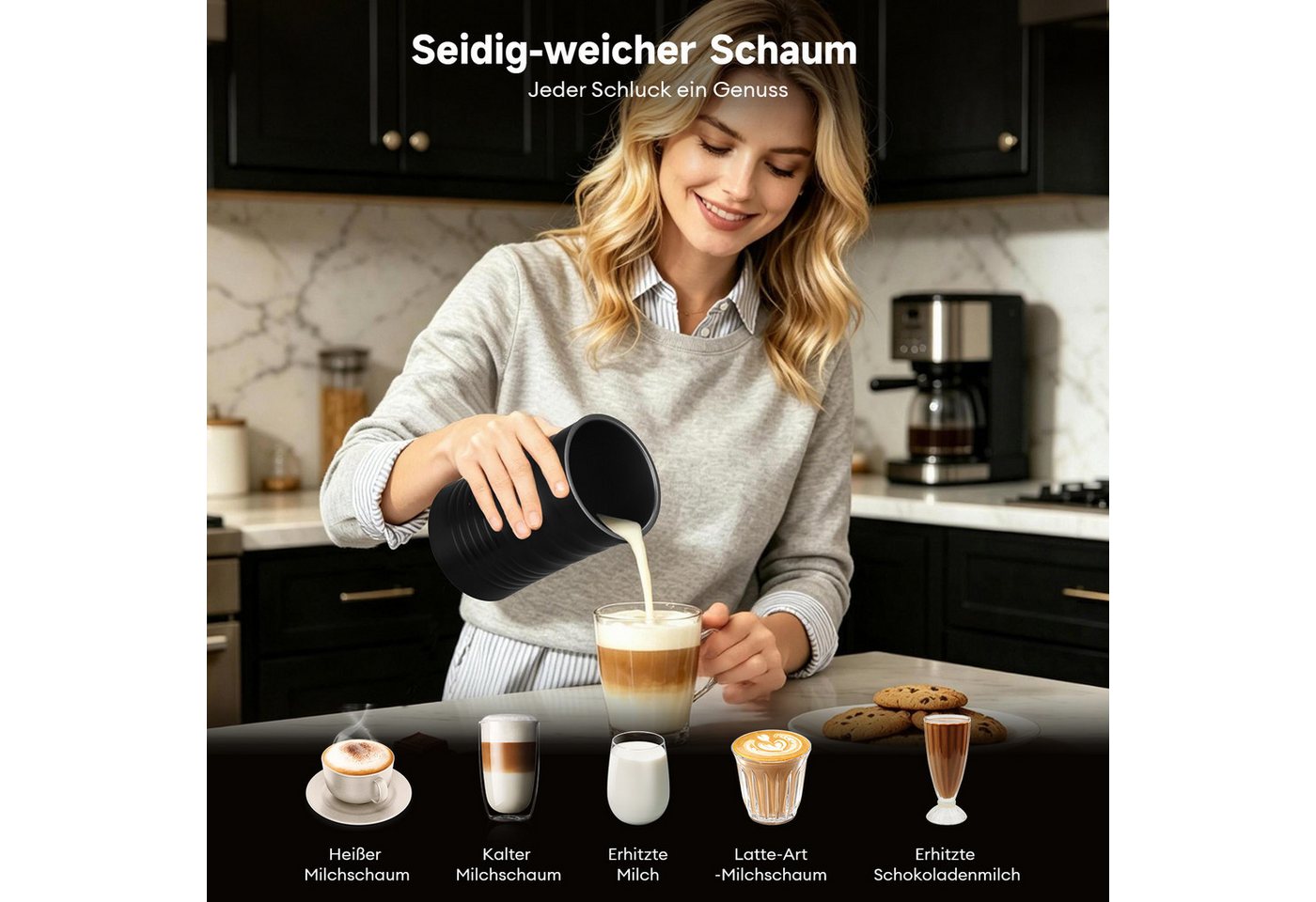 CkeyiN Pro Milchaufschäumer Elektrischer 5-in-1,Edelstahl,580 ml,40-70℃ Temperatur, 400 W, Leise & Schnell,Antihaftbeschichtung,für Heißen/Kalten Milchschaum Bild 5