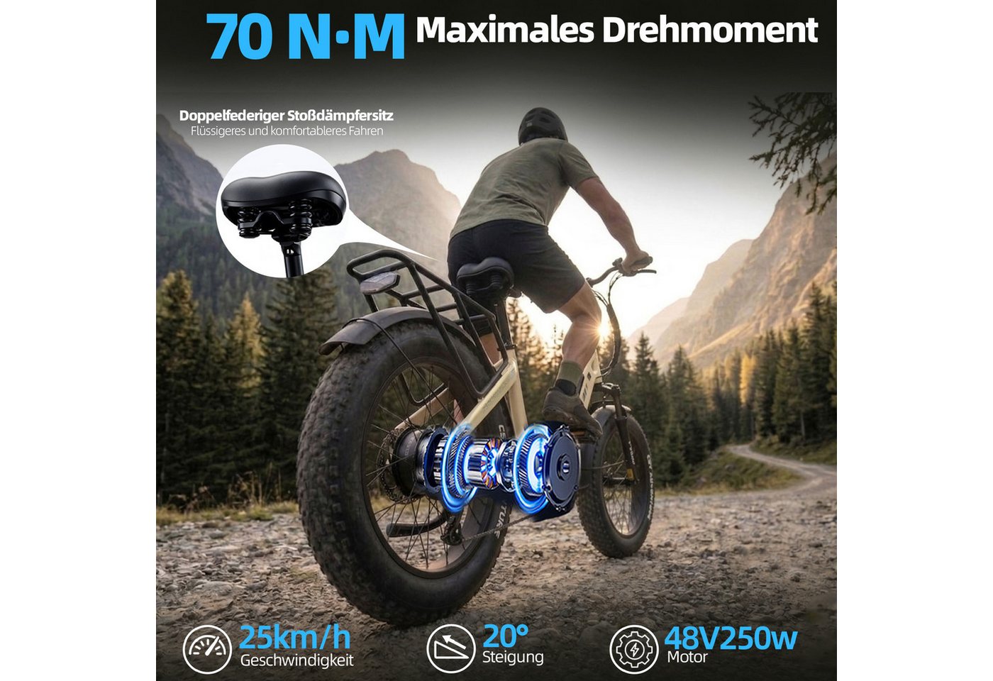 TTGO E-Bike Klapprad 20x4 Zoll, 70Nm Hinterradmotor, 140km, F6B, Drehmomentsensor, 7 Gang SHIMANO, Kettenschaltung, Heckmotor, 864 Wh, MAX. 150kg, Federgabel mit Lockout, Elektrofahrrad, hydr. Bremsen Bild 2