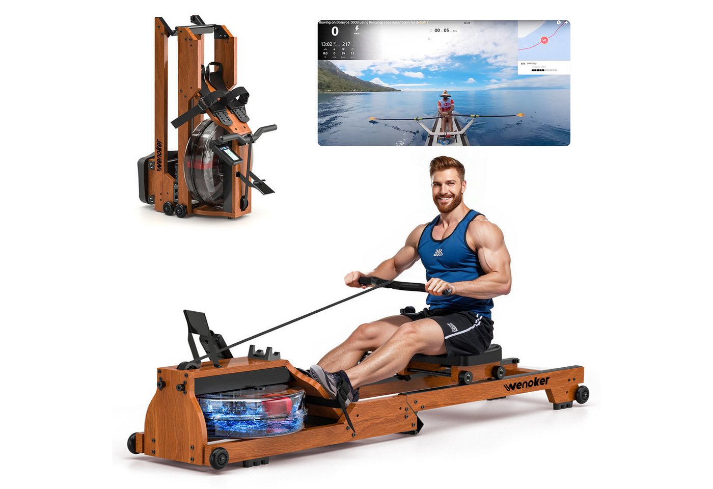 Wenoker Rudergerät hochwertiges Faltbares Wasserrudergerät aus Massivholz für Zuhause (1-tlg), mit Bluetooth-Monitor & Tablet-Halter, bis 150 kg belastbar