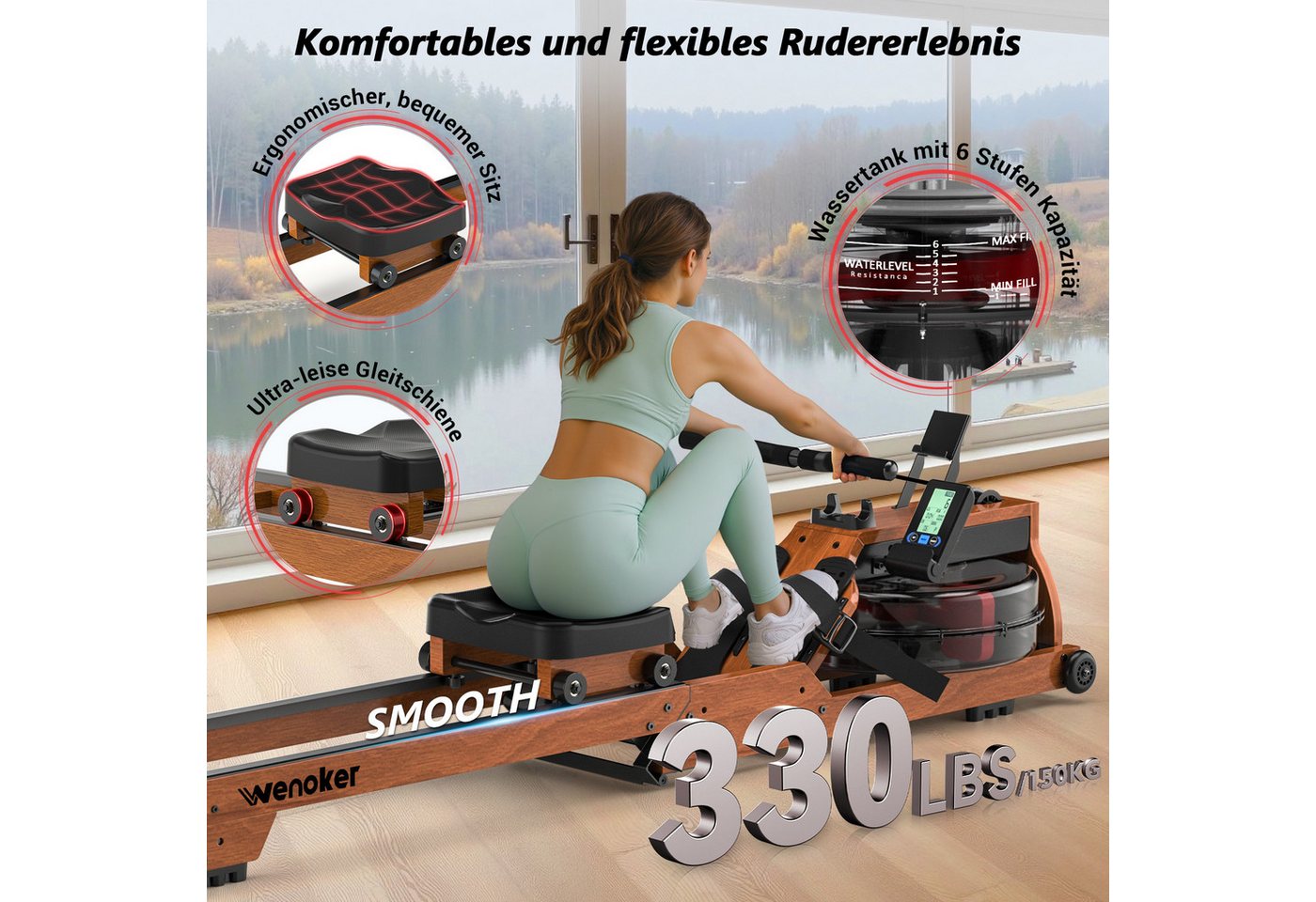 Wenoker Rudergerät hochwertiges Faltbares Wasserrudergerät aus Massivholz für Zuhause (1-tlg), mit Bluetooth-Monitor & Tablet-Halter, bis 150 kg belastbar Bild 2