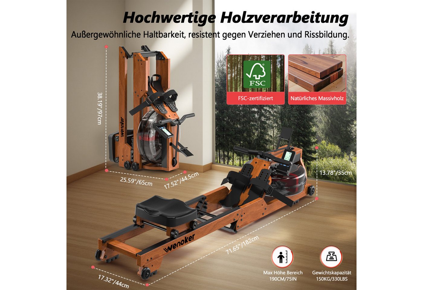 Wenoker Rudergerät hochwertiges Faltbares Wasserrudergerät aus Massivholz für Zuhause (1-tlg), mit Bluetooth-Monitor & Tablet-Halter, bis 150 kg belastbar Bild 3