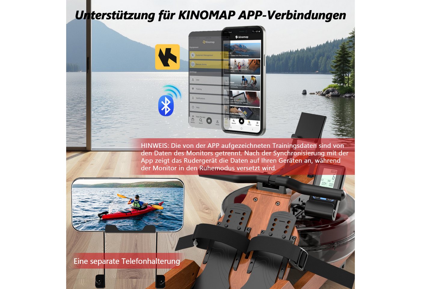 Wenoker Rudergerät hochwertiges Faltbares Wasserrudergerät aus Massivholz für Zuhause (1-tlg), mit Bluetooth-Monitor & Tablet-Halter, bis 150 kg belastbar Bild 4
