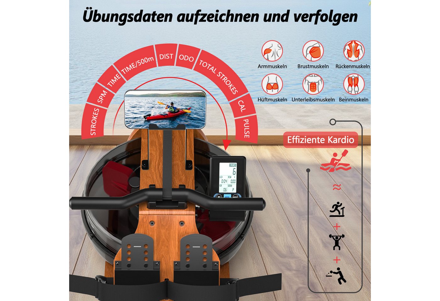 Wenoker Rudergerät hochwertiges Faltbares Wasserrudergerät aus Massivholz für Zuhause (1-tlg), mit Bluetooth-Monitor & Tablet-Halter, bis 150 kg belastbar Bild 5