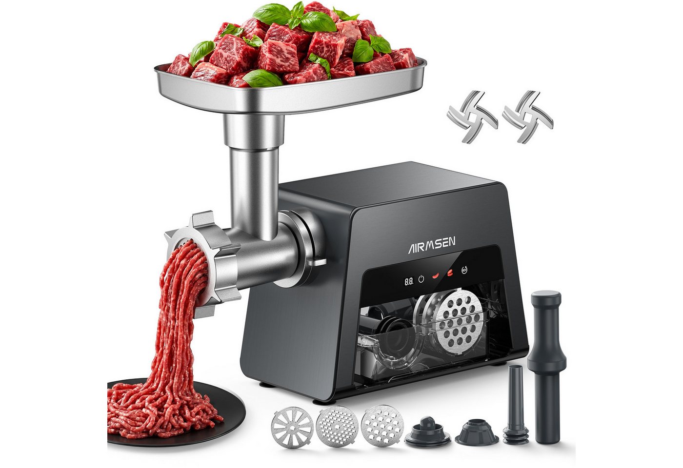 Airmsen Fleischwolf Elektrischer Fleischwolf 3-in-1 Gemüseschneider Wurstfüller, 2500 W, Leiser Betrieb,Touch-Bedienfeld,Überhitzungsschutz,Aufbewahrungsbox