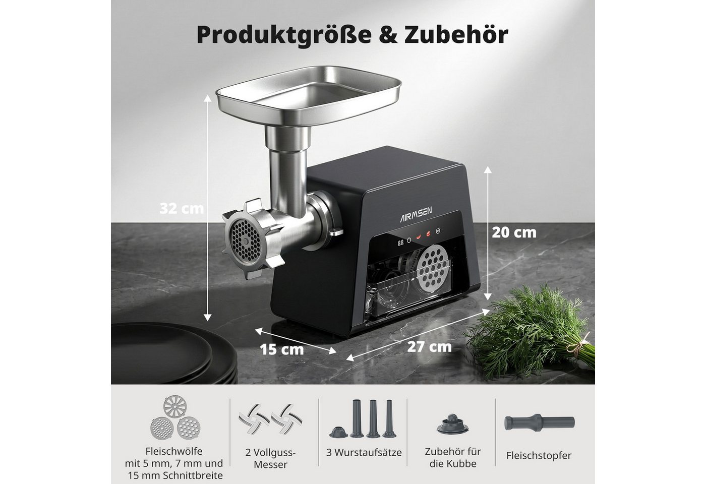 Airmsen Fleischwolf Elektrischer Fleischwolf 3-in-1 Gemüseschneider Wurstfüller, 2500 W, Leiser Betrieb,Touch-Bedienfeld,Überhitzungsschutz,Aufbewahrungsbox Bild 2