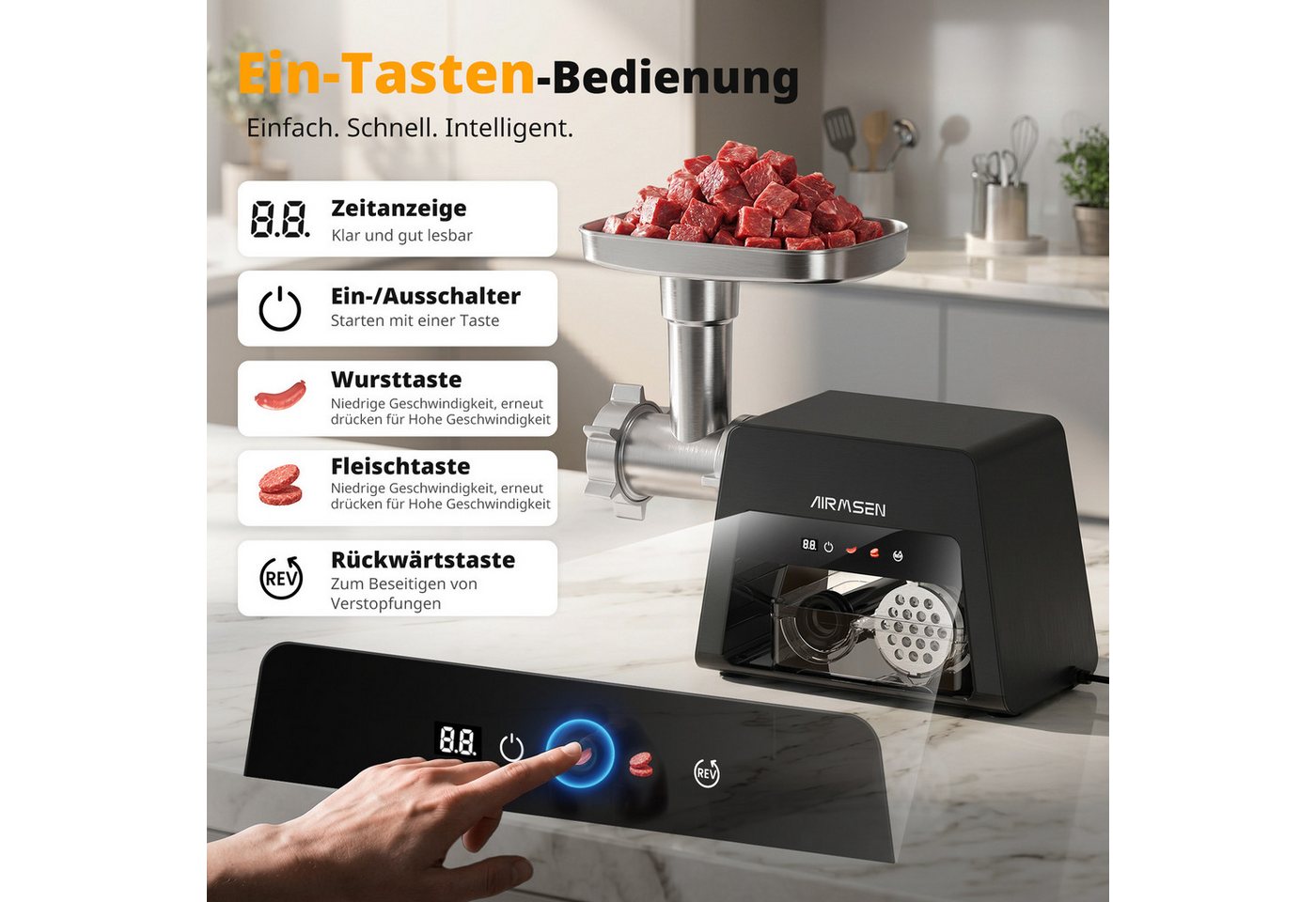 Airmsen Fleischwolf Elektrischer Fleischwolf 3-in-1 Gemüseschneider Wurstfüller, 2500 W, Leiser Betrieb,Touch-Bedienfeld,Überhitzungsschutz,Aufbewahrungsbox Bild 3