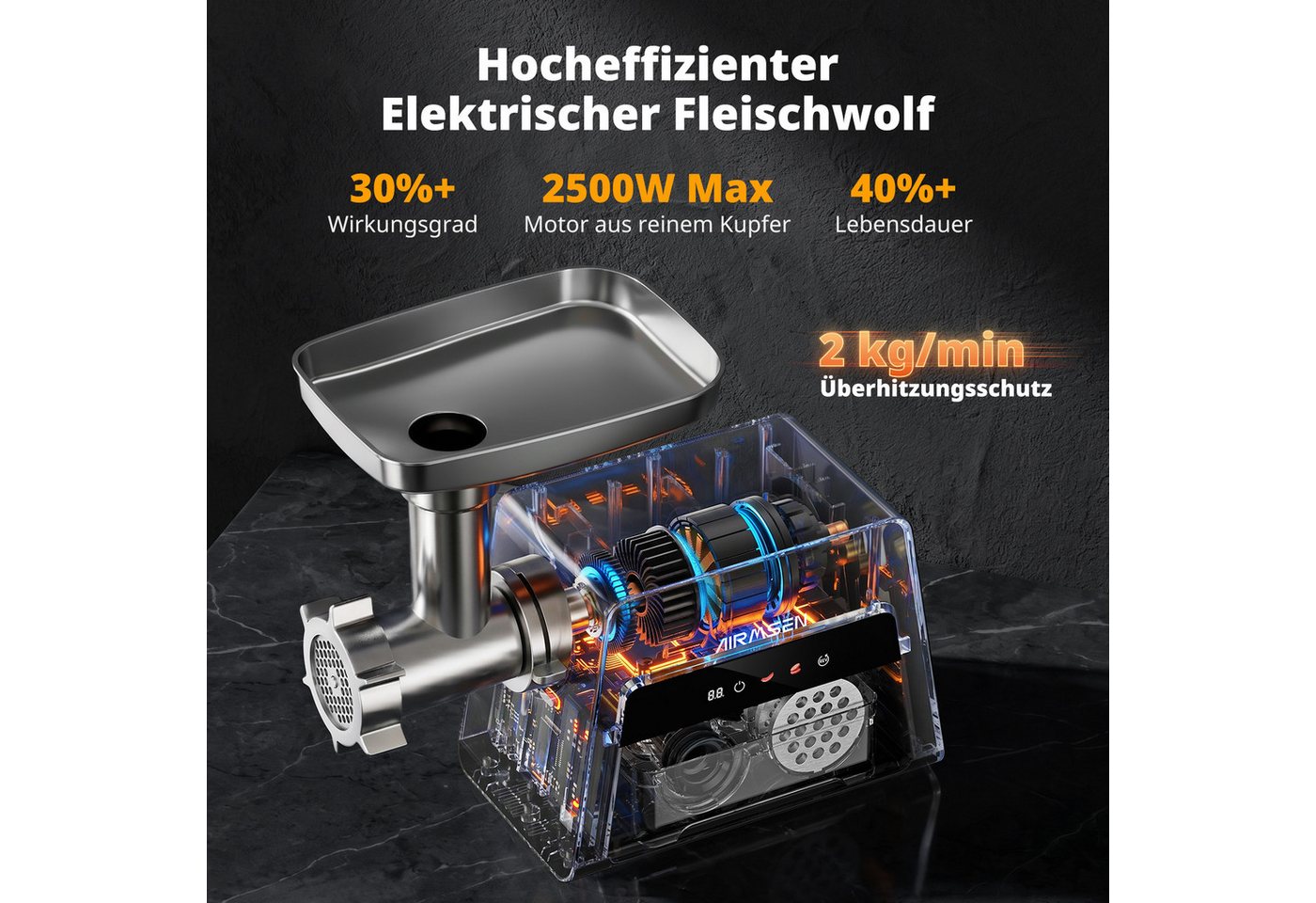 Airmsen Fleischwolf Elektrischer Fleischwolf 3-in-1 Gemüseschneider Wurstfüller, 2500 W, Leiser Betrieb,Touch-Bedienfeld,Überhitzungsschutz,Aufbewahrungsbox Bild 4
