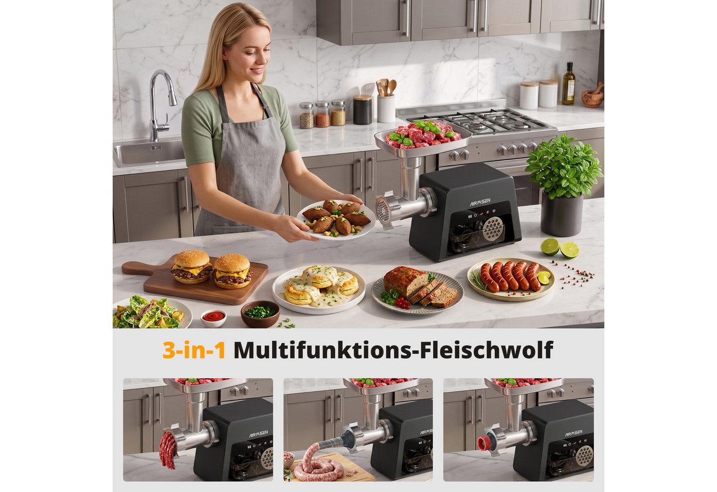 Airmsen Fleischwolf Elektrischer Fleischwolf 3-in-1 Gemüseschneider Wurstfüller, 2500 W, Leiser Betrieb,Touch-Bedienfeld,Überhitzungsschutz,Aufbewahrungsbox Bild 5