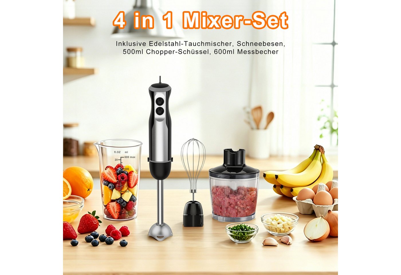 Luckice Stabmixer 1000W 4in1 Elektrisch Edelstahl Pürierstab mit 20 Geschwindigkeiten, 1000 W, TURBO-Taste für die Zubereitung von Soße,Babynahrung und Suppe