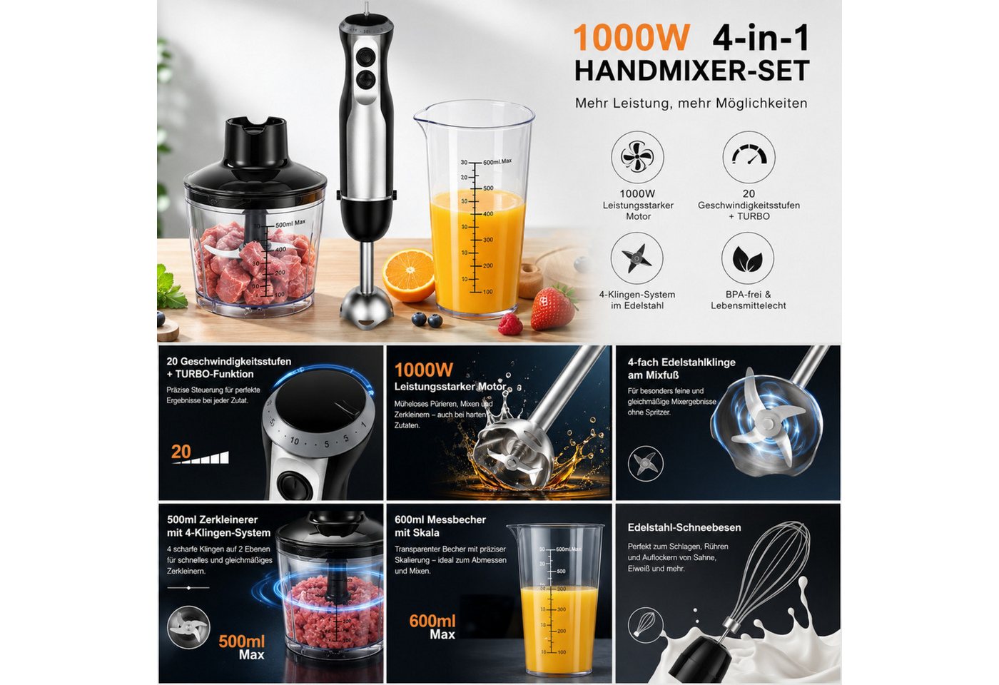Luckice Stabmixer 1000W 4in1 Elektrisch Edelstahl Pürierstab mit 20 Geschwindigkeiten, 1000 W, TURBO-Taste für die Zubereitung von Soße,Babynahrung und Suppe Bild 5