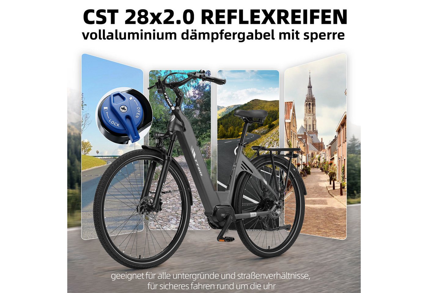 TTGO E-Bike Cityrad 28 Zoll, 75Nm Mittelmotor, 650Wh bis zu 140km, Lockout-Federgabel, 9 Gang Shimano, Kettenschaltung, Mittelmotor, 650 Wh, (Pedelec, Farb-LCD-Display, Hydr. Scheibenbremse, Tiefeinstieg), C7 SE, Drehmomentsensor, Elektrofahrrad für Damen und Herren Bild 4
