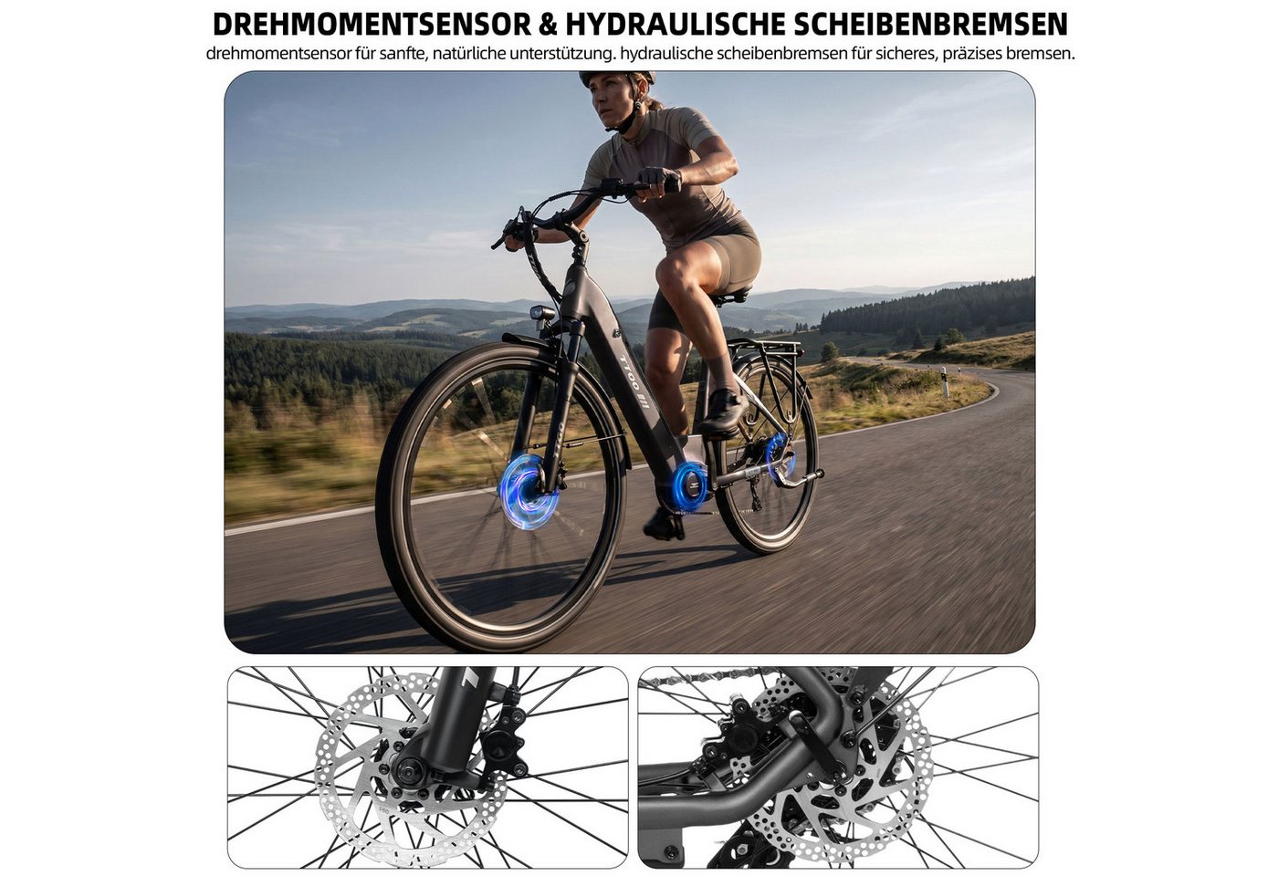 TTGO E-Bike Cityrad 28 Zoll, 75Nm Mittelmotor, 650Wh bis zu 140km, Lockout-Federgabel, 9 Gang Shimano, Kettenschaltung, Mittelmotor, 650 Wh, (Pedelec, Farb-LCD-Display, Hydr. Scheibenbremse, Tiefeinstieg), C7 SE, Drehmomentsensor, Elektrofahrrad für Damen und Herren Bild 5