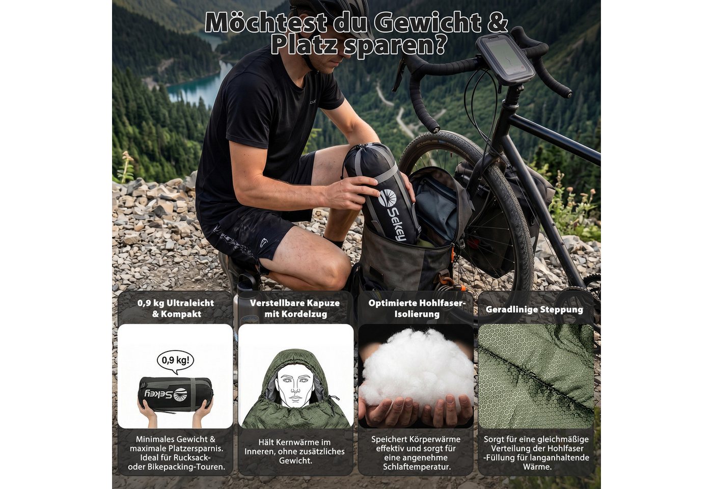 Sekey Mumienschlafsack Mumienschlafsack 220 cm leicht oder warm für Camping und Reisen, Leicht oder warm wählbar – 900g / 1700g - ideal für Camping & Trekking