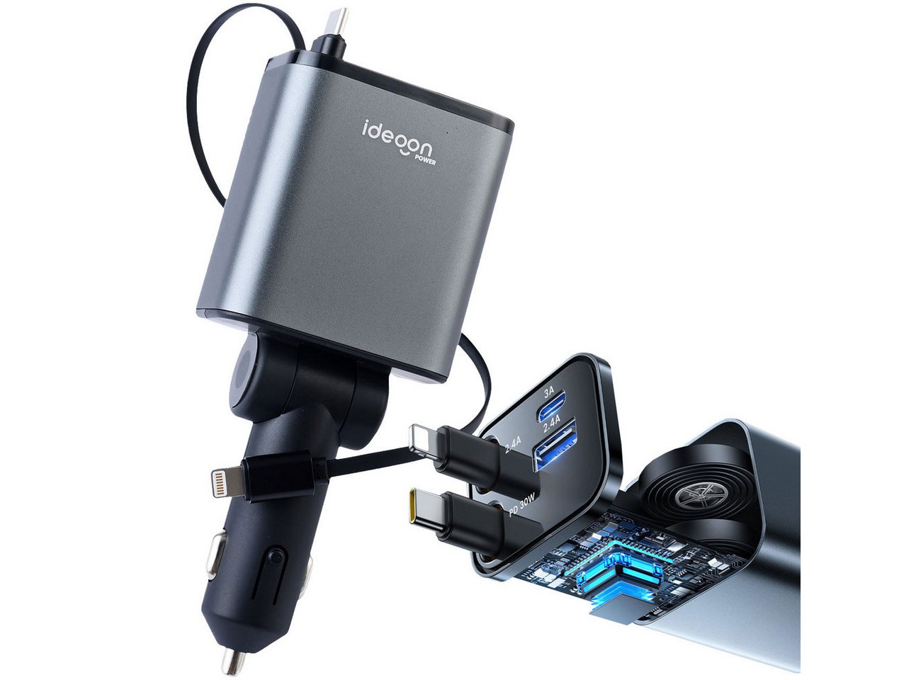 shop'n smile ideoon 4in1 KFZ Ladegerät 69W mit PD 3.0 Schnellladen Aufrollbares USB-C KFZ-Adapter zu Lightning, 69W, PD3.0 & QC, USB-C/Lightning Kabel, 2 Ports, 12–24V, Schutzsystem