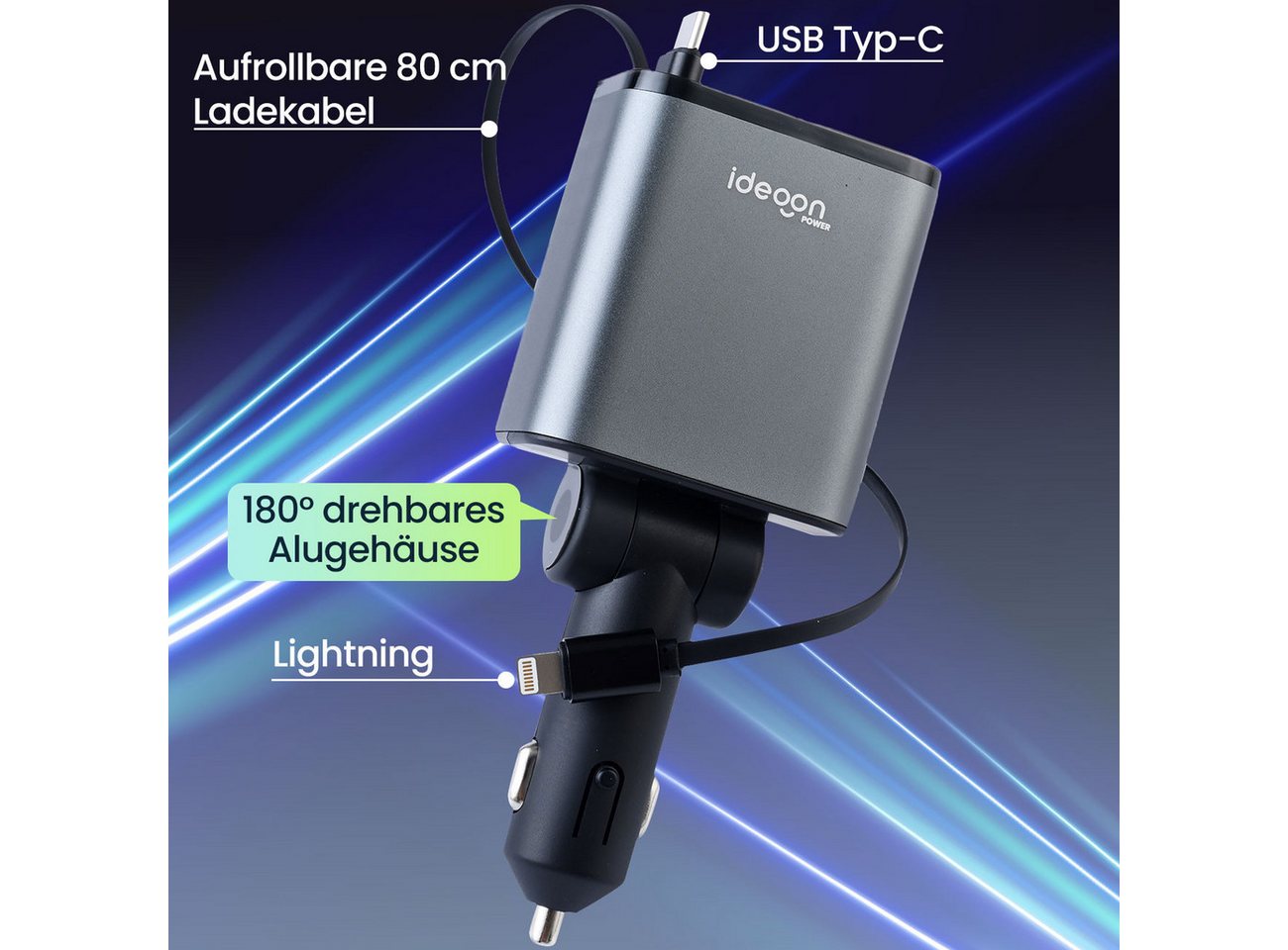 shop'n smile ideoon 4in1 KFZ Ladegerät 69W mit PD 3.0 Schnellladen Aufrollbares USB-C KFZ-Adapter zu Lightning, 69W, PD3.0 & QC, USB-C/Lightning Kabel, 2 Ports, 12–24V, Schutzsystem Bild 2