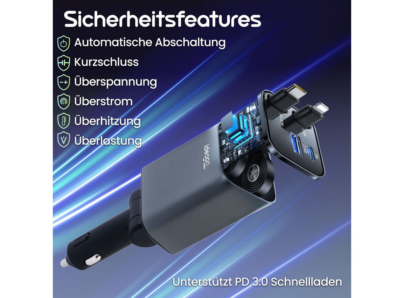 shop'n smile ideoon 4in1 KFZ Ladegerät 69W mit PD 3.0 Schnellladen Aufrollbares USB-C KFZ-Adapter zu Lightning, 69W, PD3.0 & QC, USB-C/Lightning Kabel, 2 Ports, 12–24V, Schutzsystem Bild 3