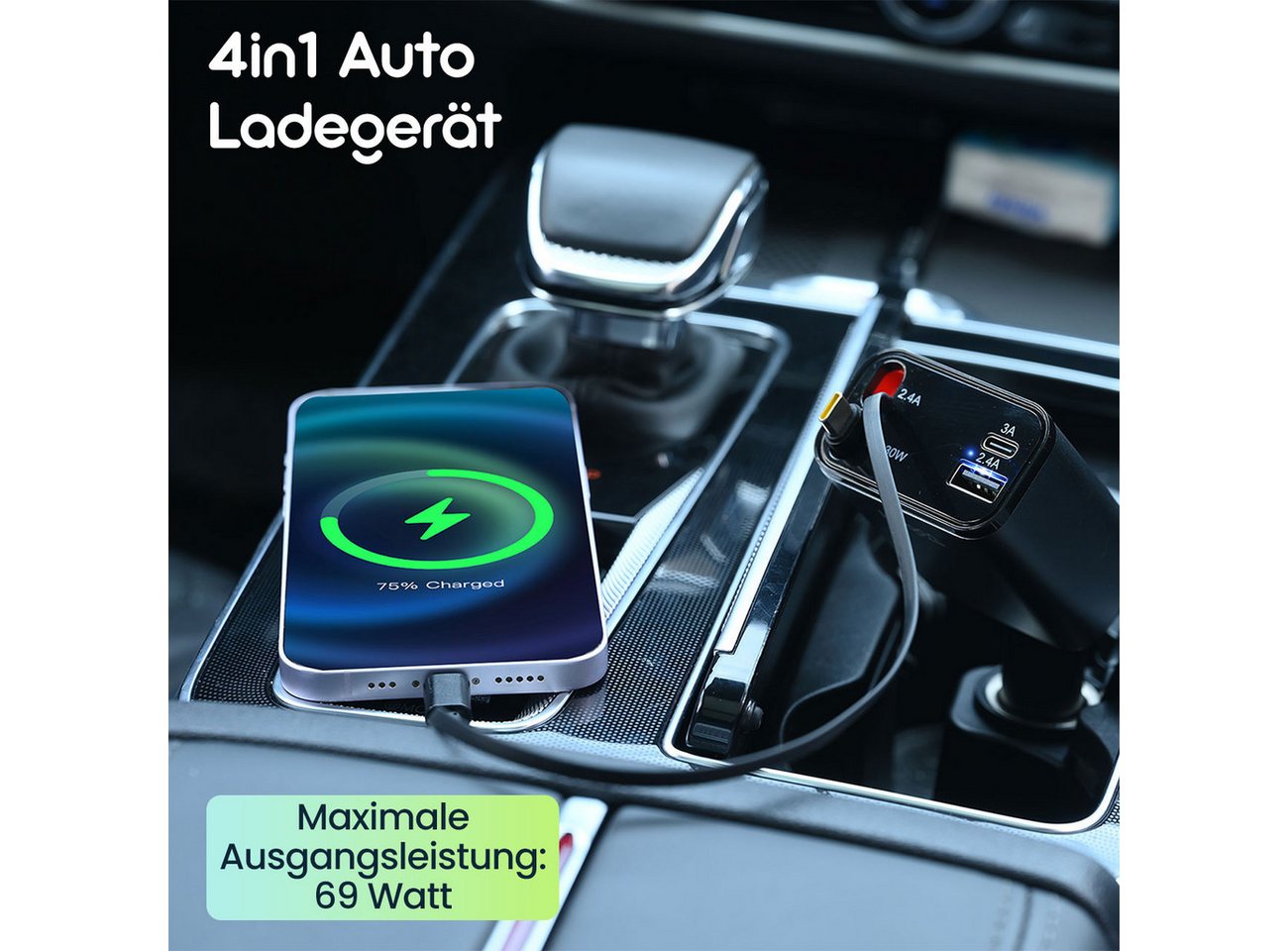 shop'n smile ideoon 4in1 KFZ Ladegerät 69W mit PD 3.0 Schnellladen Aufrollbares USB-C KFZ-Adapter zu Lightning, 69W, PD3.0 & QC, USB-C/Lightning Kabel, 2 Ports, 12–24V, Schutzsystem Bild 4