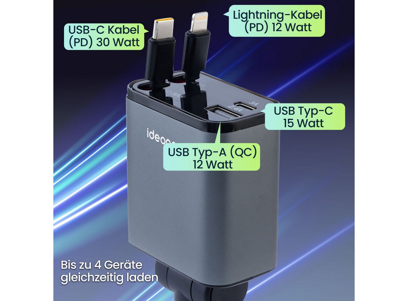 shop'n smile ideoon 4in1 KFZ Ladegerät 69W mit PD 3.0 Schnellladen Aufrollbares USB-C KFZ-Adapter zu Lightning, 69W, PD3.0 & QC, USB-C/Lightning Kabel, 2 Ports, 12–24V, Schutzsystem Bild 5