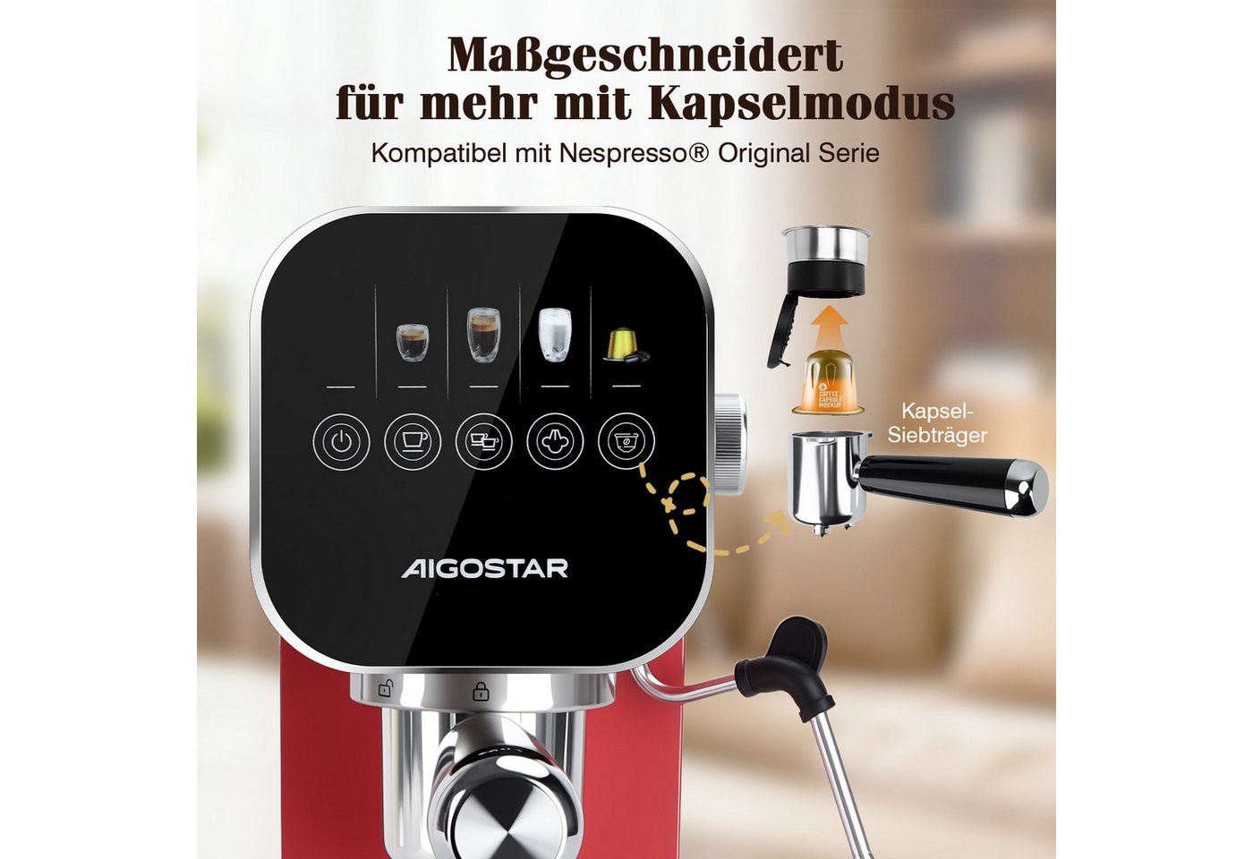 Aigostar Espressomaschine, Edelstahl, 20 Bar, Digitales Touchpanel, 1/2 Tassen, 0,9L, 1350 W, Edelstahl