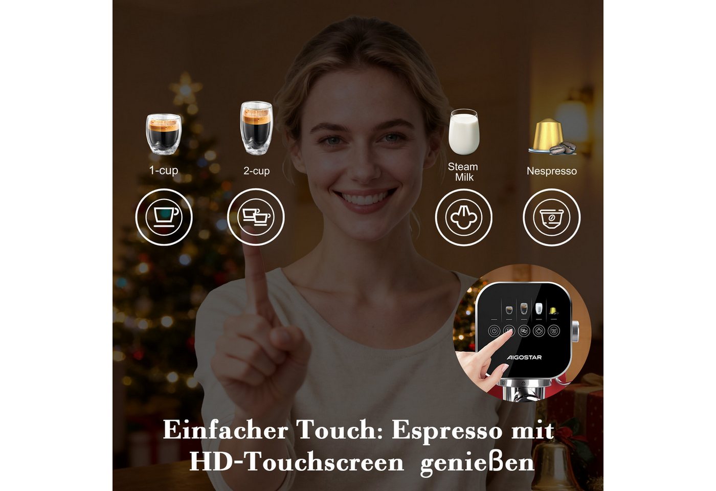 Aigostar Espressomaschine, Edelstahl, 20 Bar, Digitales Touchpanel, 1/2 Tassen, 0,9L, 1350 W, Edelstahl Bild 2