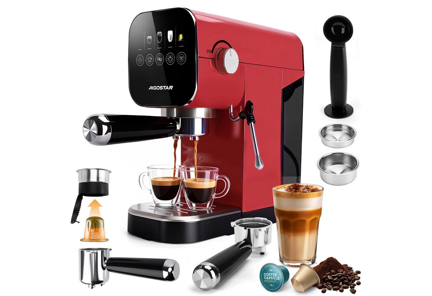 Aigostar Espressomaschine, Edelstahl, 20 Bar, Digitales Touchpanel, 1/2 Tassen, 0,9L, 1350 W, Edelstahl Bild 3