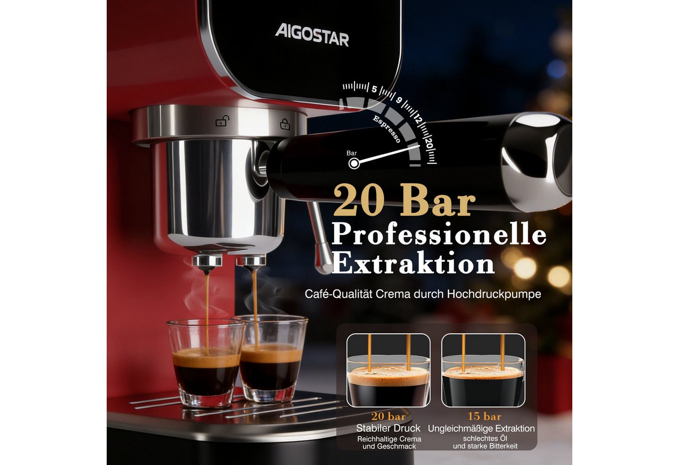 Aigostar Espressomaschine, Edelstahl, 20 Bar, Digitales Touchpanel, 1/2 Tassen, 0,9L, 1350 W, Edelstahl Bild 4