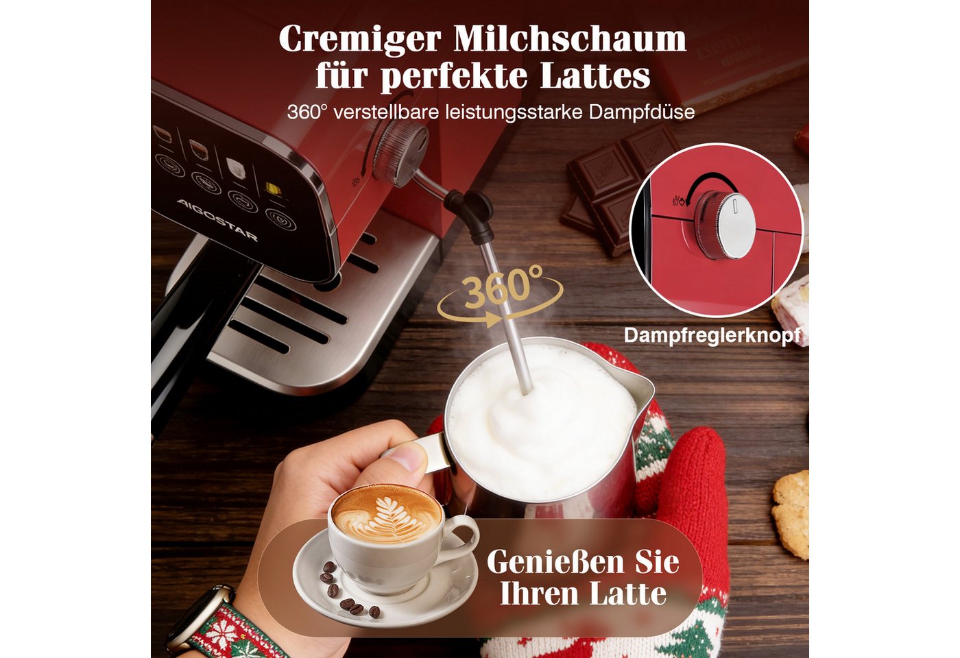 Aigostar Espressomaschine, Edelstahl, 20 Bar, Digitales Touchpanel, 1/2 Tassen, 0,9L, 1350 W, Edelstahl Bild 5