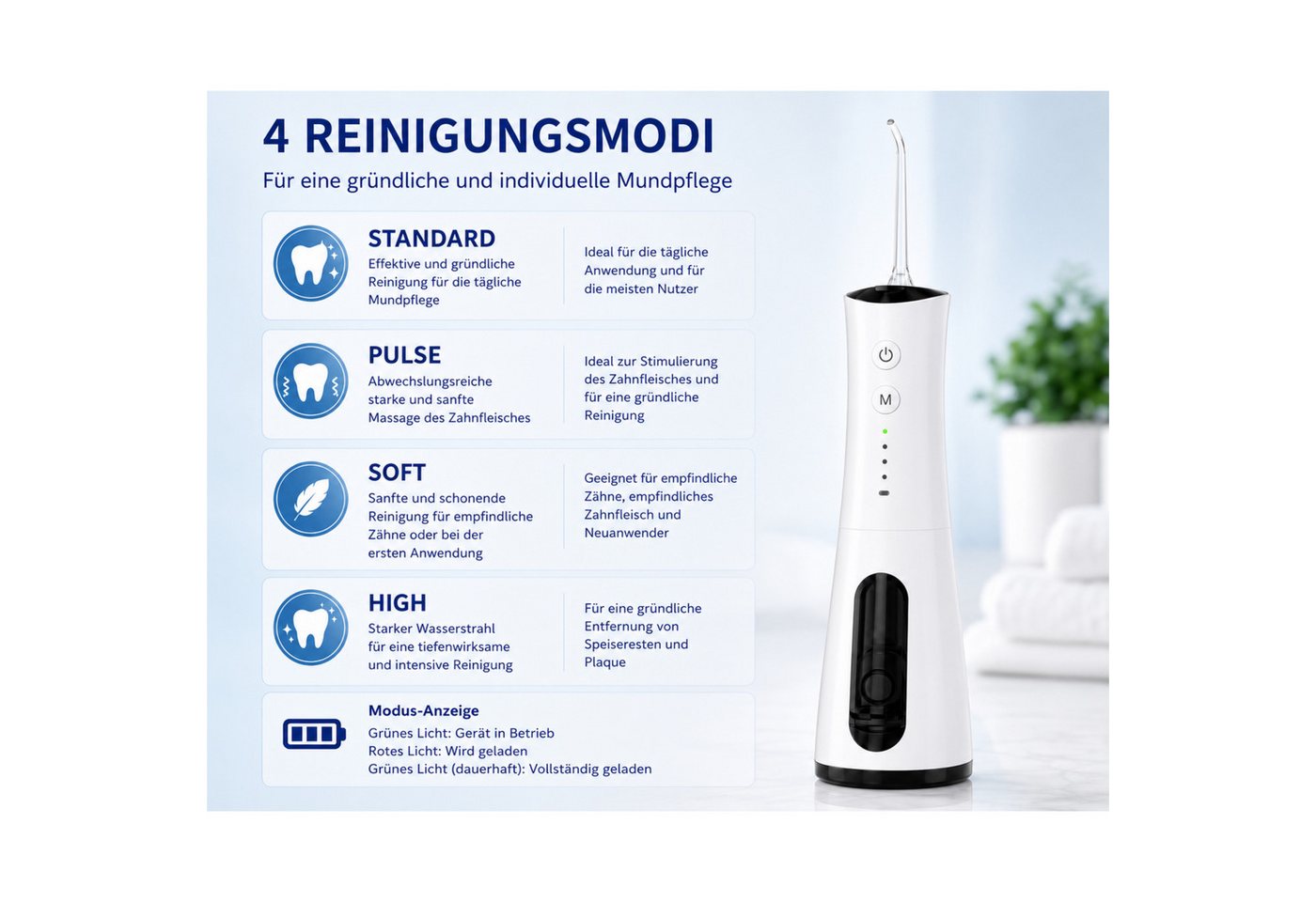 Lalano`S Cosmetics Munddusche AquaPulse Pro Kabelloser Premium Water Flosser mit 4 Modi & 5 Düsen, Aufsätze: 5 St., 360° rotierbare Düse für gründliche Mundpflege