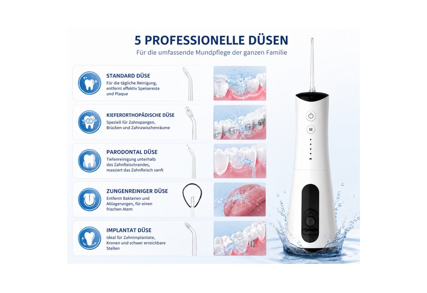 Lalano`S Cosmetics Munddusche AquaPulse Pro Kabelloser Premium Water Flosser mit 4 Modi & 5 Düsen, Aufsätze: 5 St., 360° rotierbare Düse für gründliche Mundpflege Bild 3
