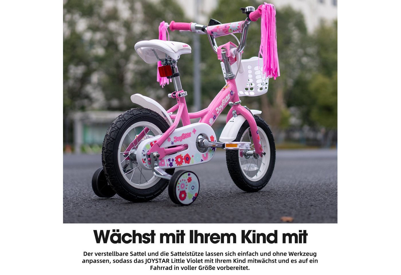 JOYSTAR Kinderfahrrad 12/14/16 Zoll Fahrräder für Mädchen im Alter von 2-7 Jahren, Mit Puppensitz, Bändern, Stützrädern, Korb, süßen Kritzeleien Bild 3