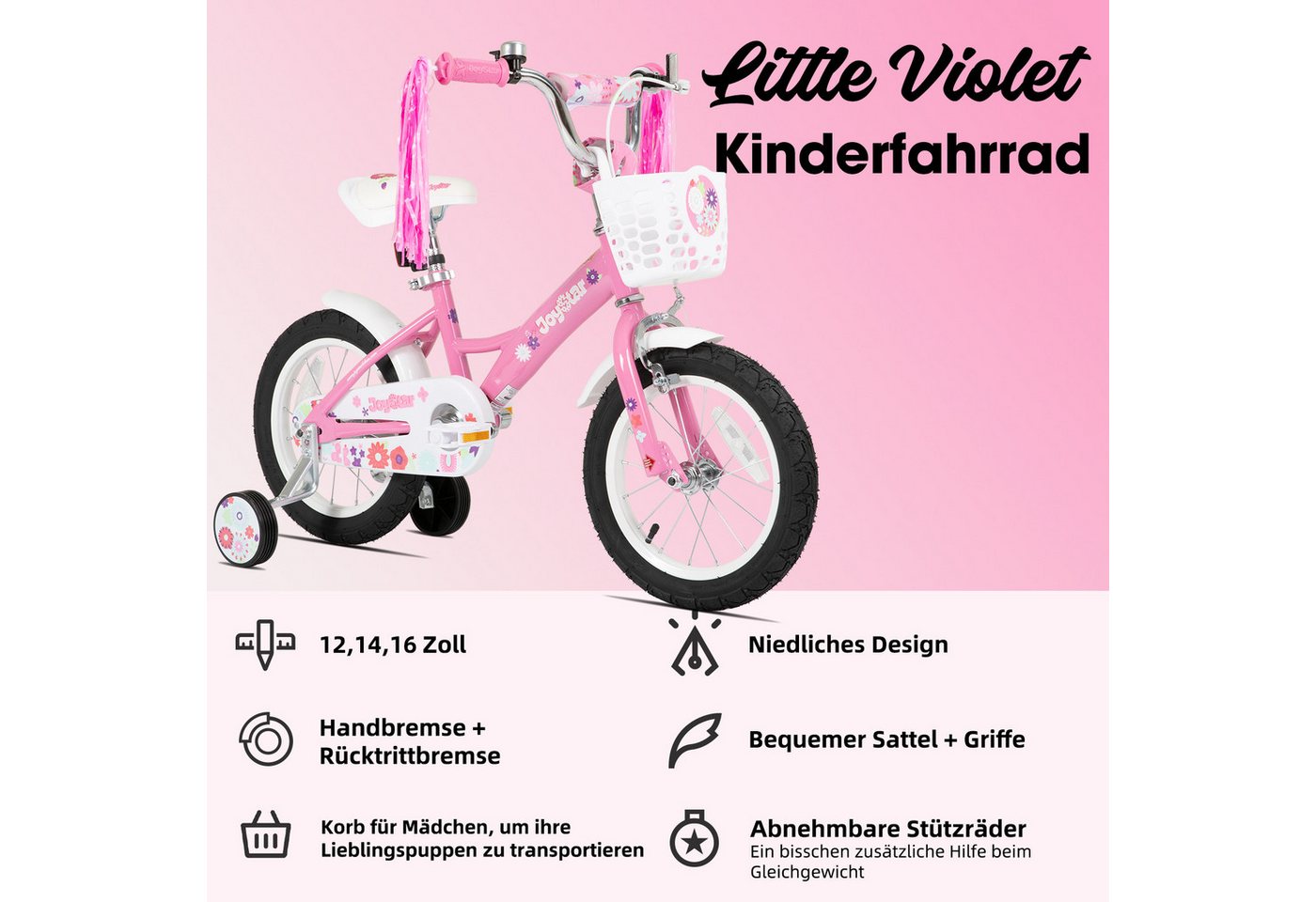JOYSTAR Kinderfahrrad 12/14/16 Zoll Fahrräder für Mädchen im Alter von 2-7 Jahren, Mit Puppensitz, Bändern, Stützrädern, Korb, süßen Kritzeleien Bild 4
