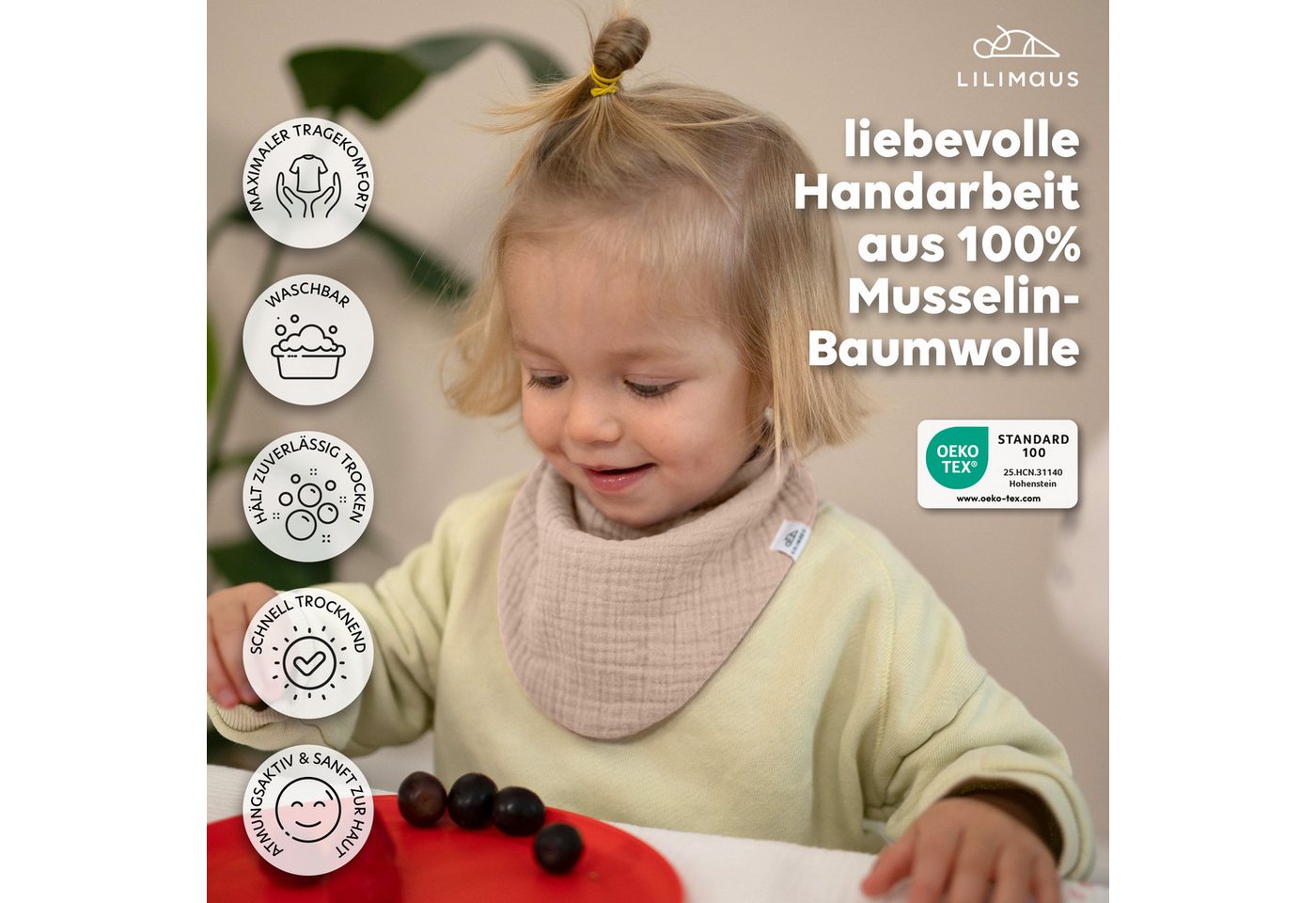 lilimaus Spucktuch Musselin Dreieckstuch für Babys - Halstuch & Sabbertuch, (1-tlg), hält den Hals trocken & sitzt auch bei Bewegung - in 2 Größen Bild 3