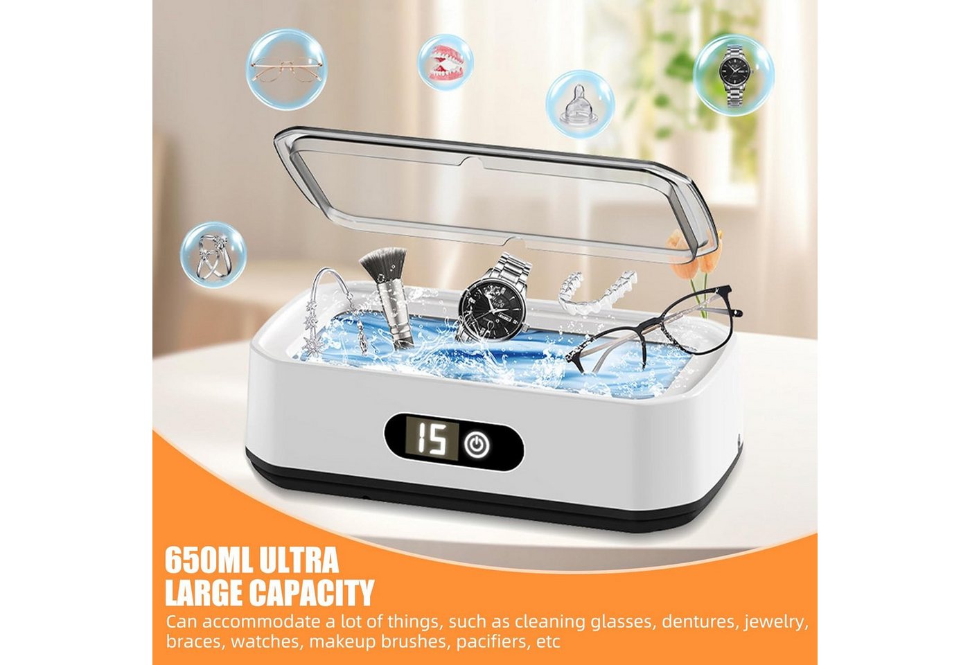 MOPUEA Ultraschallreiniger Ultraschallreinigungsgerät Brille,48KHz Schmuckreiniger 650ML, mit 5 Zeitfunktionen für Brillen,Schmuck,Uhren,Münzen