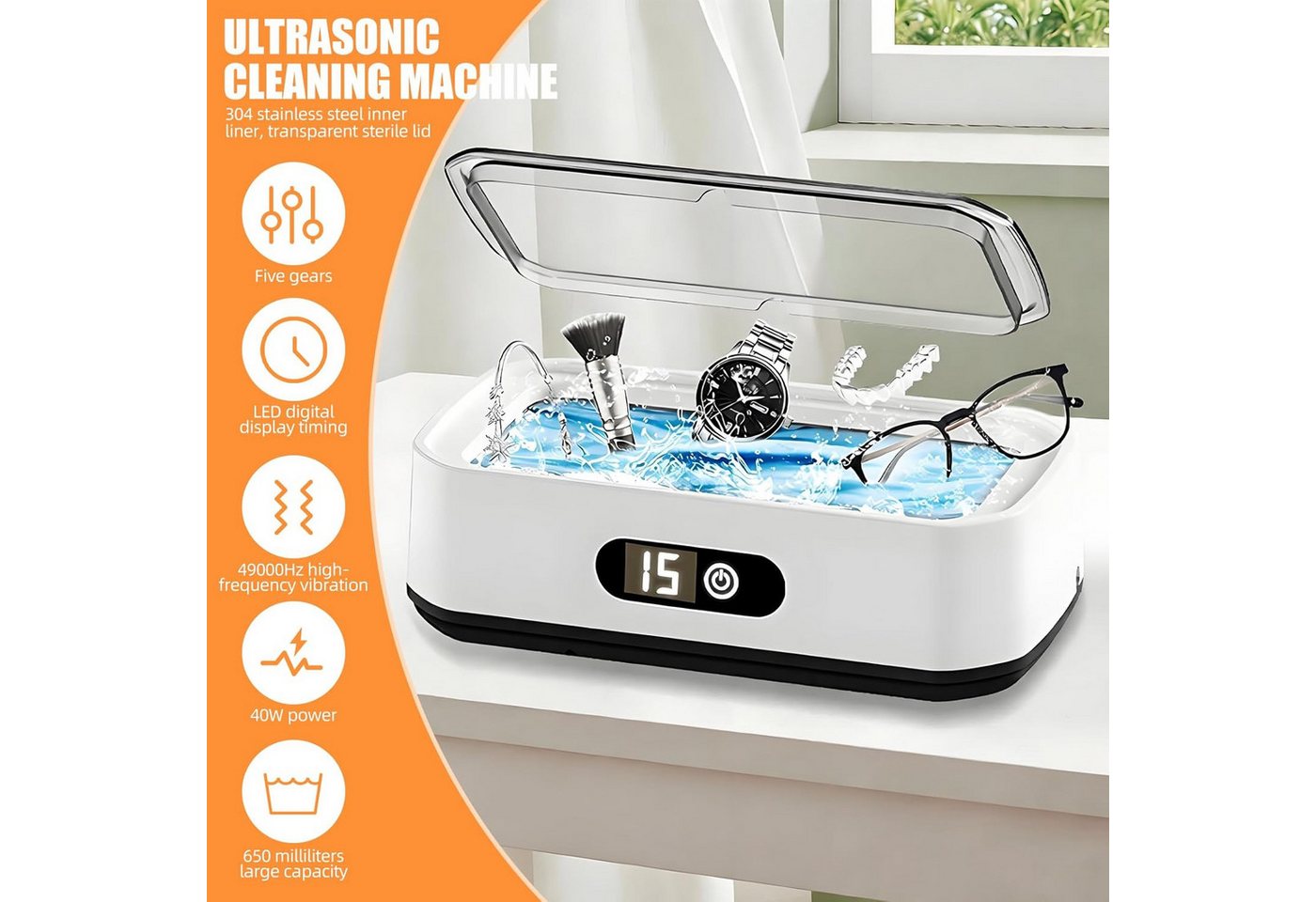 MOPUEA Ultraschallreiniger Ultraschallreinigungsgerät Brille,48KHz Schmuckreiniger 650ML, mit 5 Zeitfunktionen für Brillen,Schmuck,Uhren,Münzen Bild 3