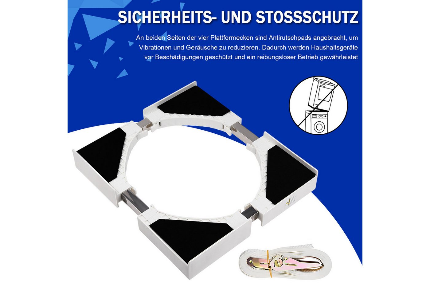 AKKEE Zwischenbaurahmen Universeller für Waschmaschine & Trockner, verstellbar (8 Antirutschmatten, Belastbarkeit 100 kg), 46-66cm, mit Ratschenseil