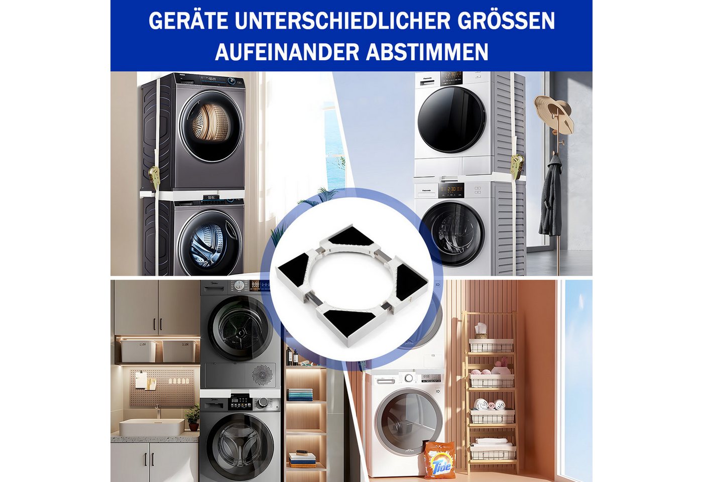 AKKEE Zwischenbaurahmen Universeller für Waschmaschine & Trockner, verstellbar (8 Antirutschmatten, Belastbarkeit 100 kg), 46-66cm, mit Ratschenseil Bild 2
