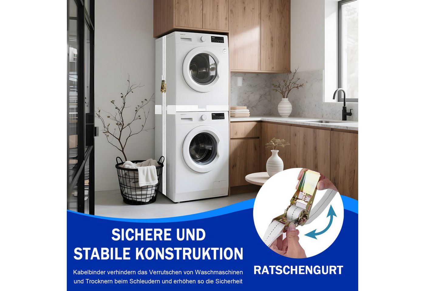 AKKEE Zwischenbaurahmen Universeller für Waschmaschine & Trockner, verstellbar (8 Antirutschmatten, Belastbarkeit 100 kg), 46-66cm, mit Ratschenseil Bild 4