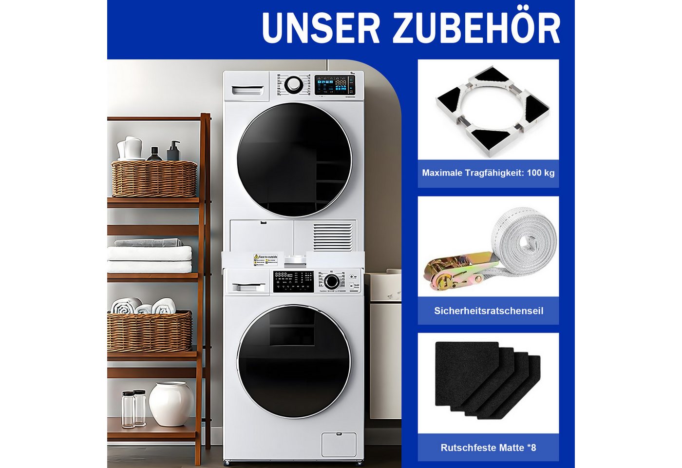 AKKEE Zwischenbaurahmen Universeller für Waschmaschine & Trockner, verstellbar (8 Antirutschmatten, Belastbarkeit 100 kg), 46-66cm, mit Ratschenseil Bild 5