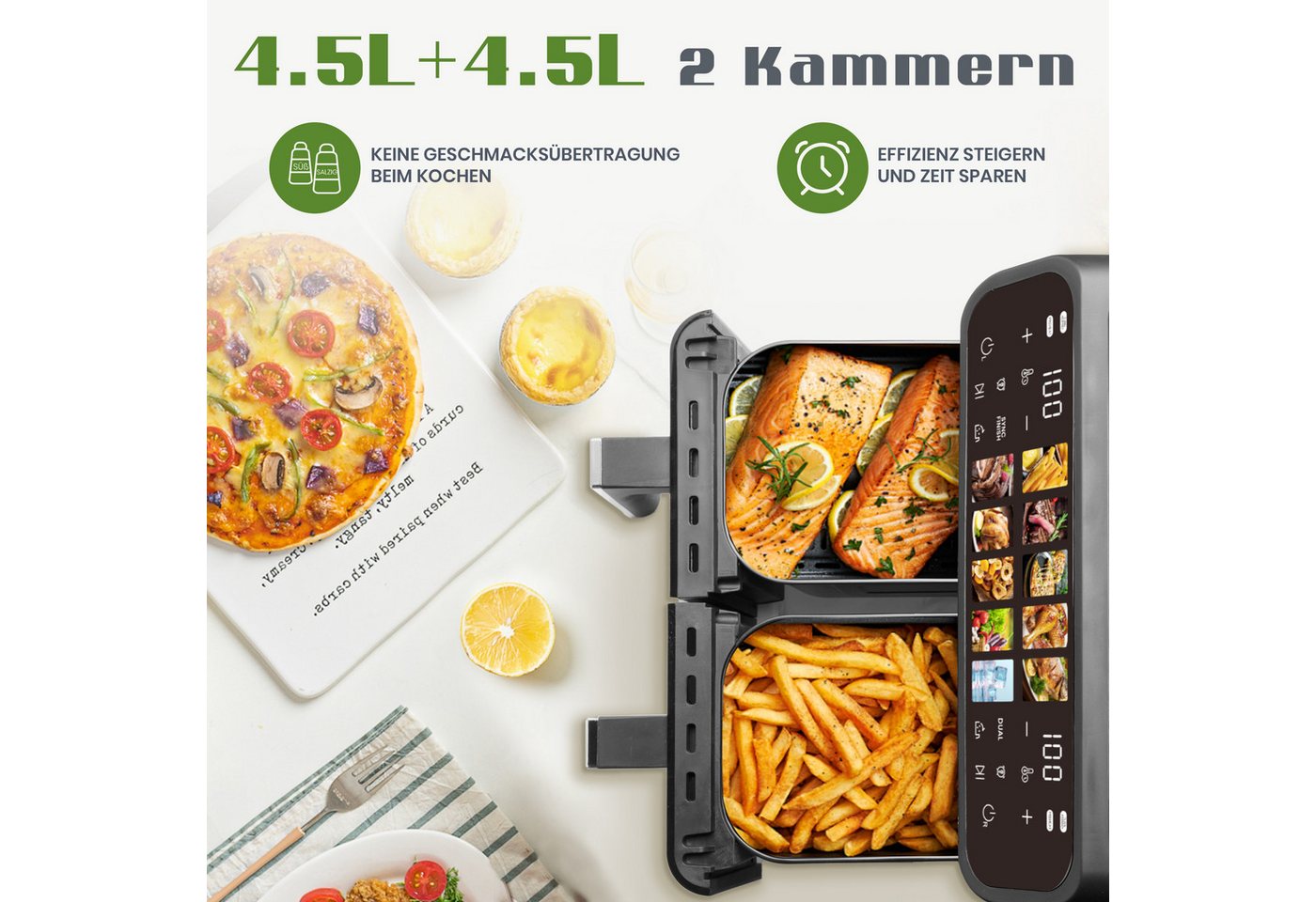 Sinaopus Heißluftfritteuse 10L XXL, Dual-Zone Airfryer 2000W mit 2×5L Körben & 10 Programmen, 2000 W, Doppelkammer-Airfryer mit LED-Touchdisplay, SYNC Funktion & Timer Bild 2