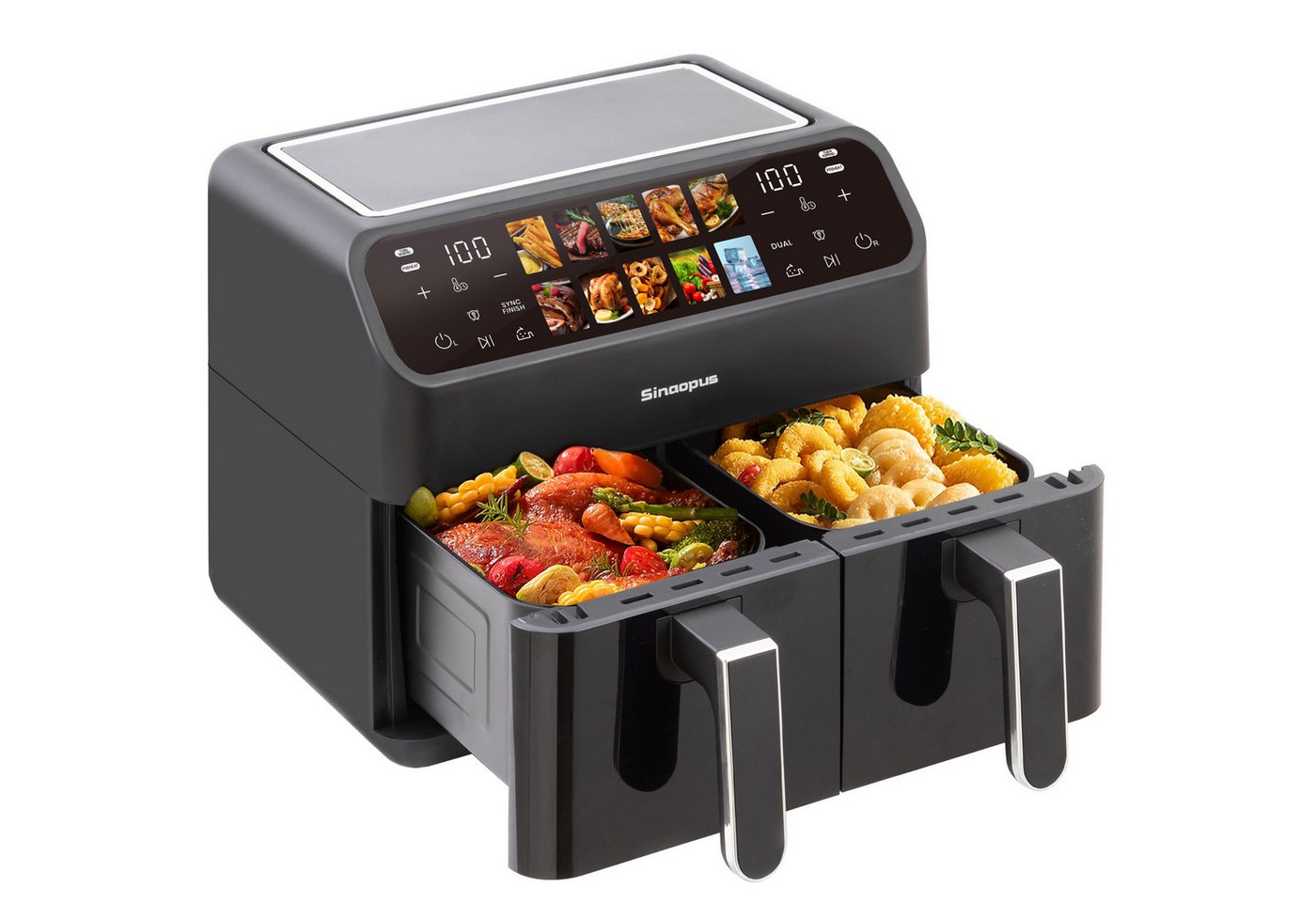 Sinaopus Heißluftfritteuse 10L XXL, Dual-Zone Airfryer 2000W mit 2×5L Körben & 10 Programmen, 2000 W, Doppelkammer-Airfryer mit LED-Touchdisplay, SYNC Funktion & Timer Bild 4