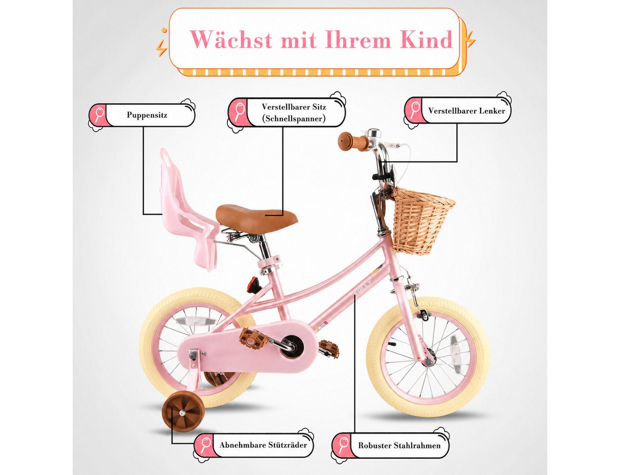 RULLY Kinderfahrrad Mädchen Kinderfahrrad 12/14/16/18/20 Zoll, 2–13 Jahre, mit Stützrädern, 1 Gang, Inkl. Korb, Puppensitz, Stützrädern, Schutzblech & Klingel Bild 4