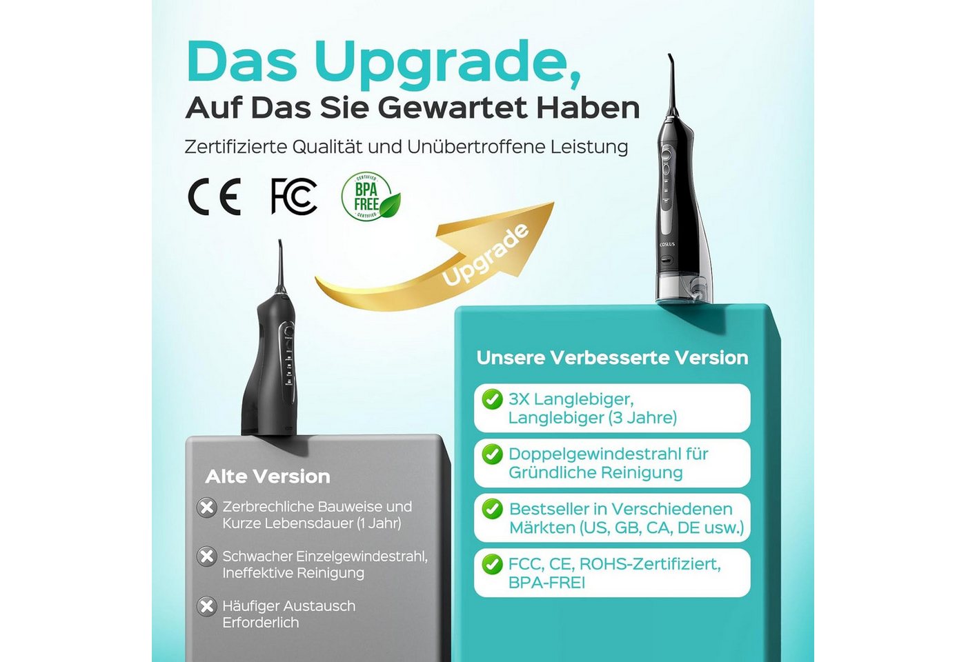 COSLUS Munddusche elektrisch Kabellos C20 – 300 ml Wassertank, 5 Düsen, Wiederaufladbar, Aufsätze: 5 St., Für Zahnspangen, Brücken, Kronen und Implantate geeignet