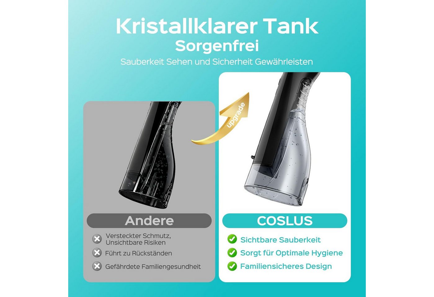 COSLUS Munddusche elektrisch Kabellos C20 – 300 ml Wassertank, 5 Düsen, Wiederaufladbar, Aufsätze: 5 St., Für Zahnspangen, Brücken, Kronen und Implantate geeignet Bild 2