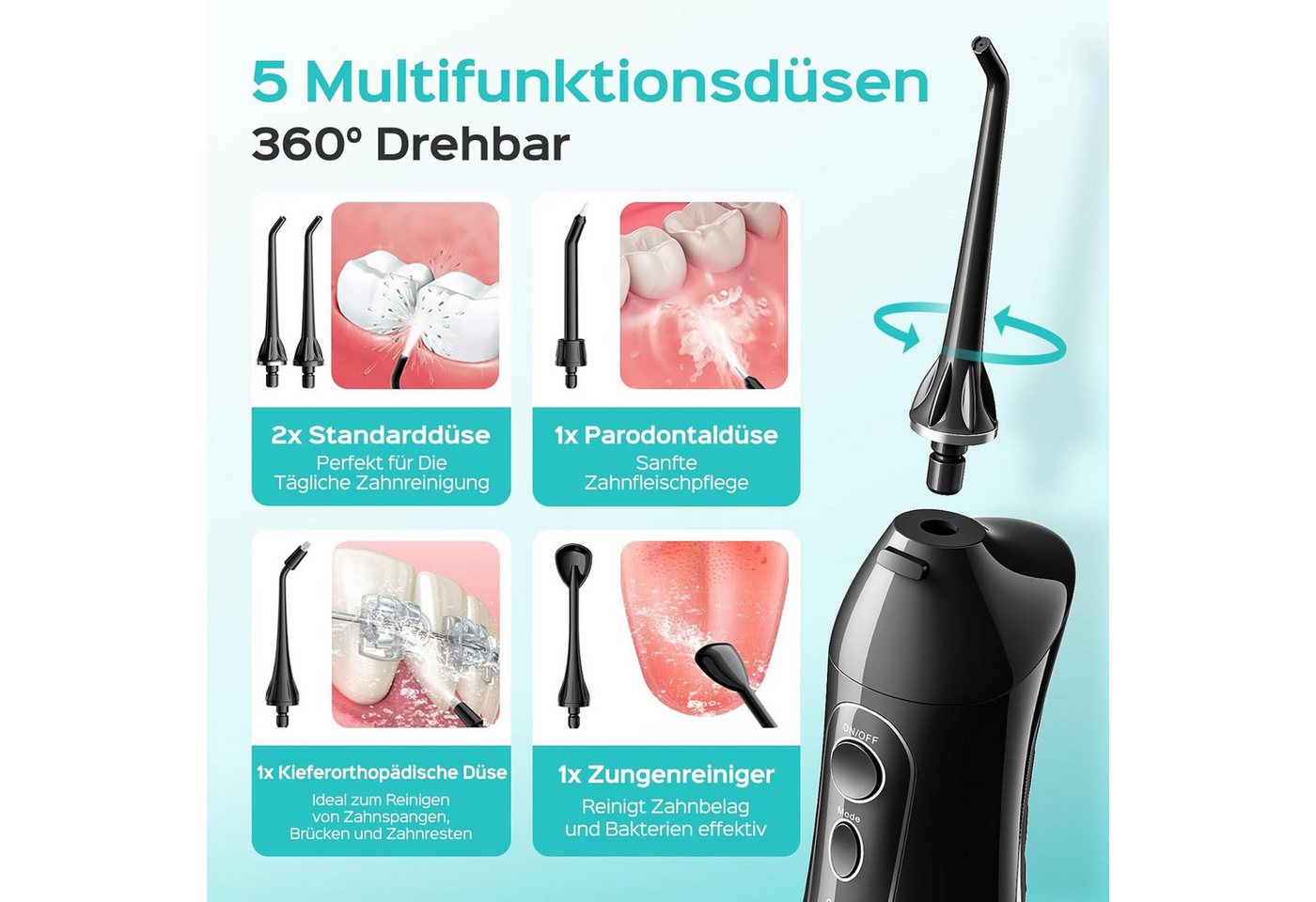 COSLUS Munddusche elektrisch Kabellos C20 – 300 ml Wassertank, 5 Düsen, Wiederaufladbar, Aufsätze: 5 St., Für Zahnspangen, Brücken, Kronen und Implantate geeignet Bild 3