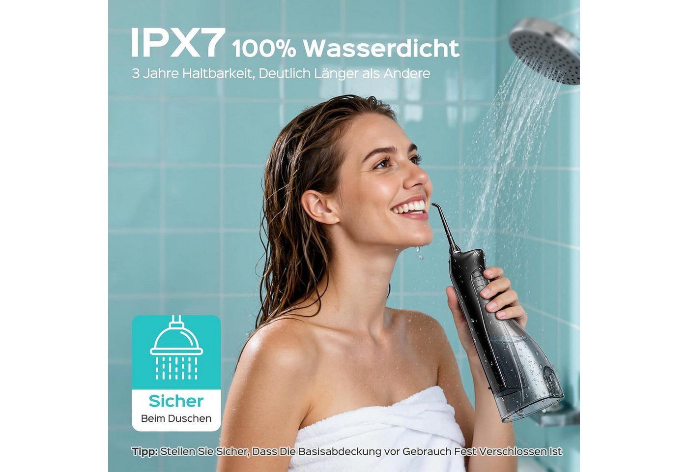 COSLUS Munddusche elektrisch Kabellos C20 – 300 ml Wassertank, 5 Düsen, Wiederaufladbar, Aufsätze: 5 St., Für Zahnspangen, Brücken, Kronen und Implantate geeignet Bild 5