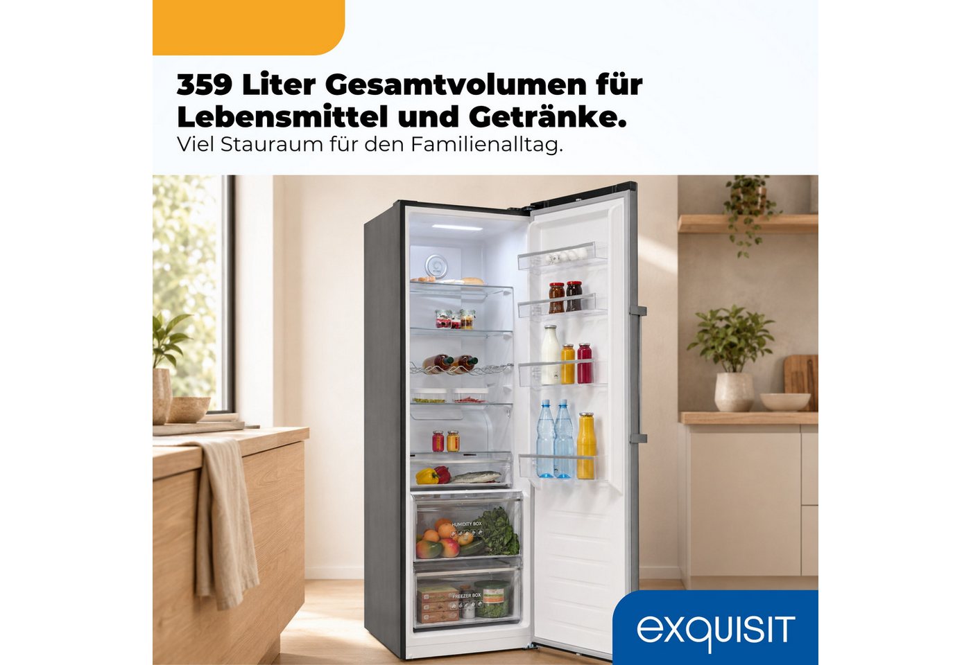 exquisit Vollraumkühlschrank KS5360-V-HE-040C inoxlook, 185 cm hoch, 60 cm breit, 359 l Nutzinhalt, LED Beleuchtung, 4 Ablagen, Energieklasse C