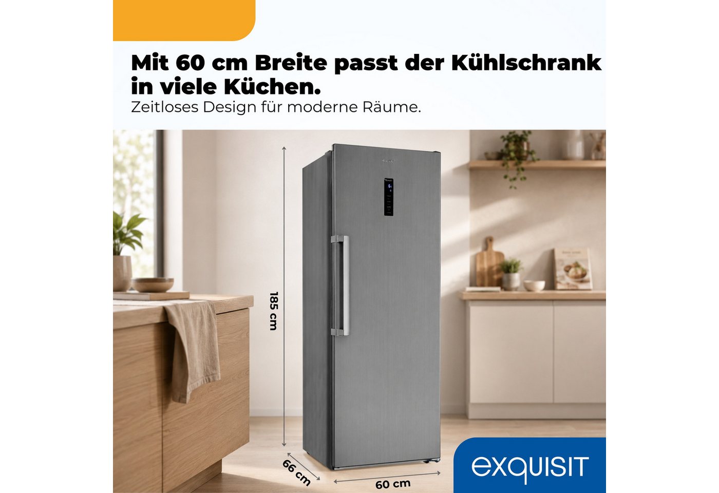 exquisit Vollraumkühlschrank KS5360-V-HE-040C inoxlook, 185 cm hoch, 60 cm breit, 359 l Nutzinhalt, LED Beleuchtung, 4 Ablagen, Energieklasse C Bild 2