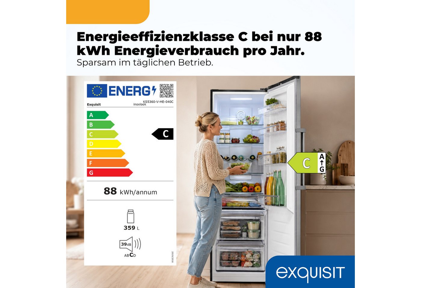exquisit Vollraumkühlschrank KS5360-V-HE-040C inoxlook, 185 cm hoch, 60 cm breit, 359 l Nutzinhalt, LED Beleuchtung, 4 Ablagen, Energieklasse C Bild 3