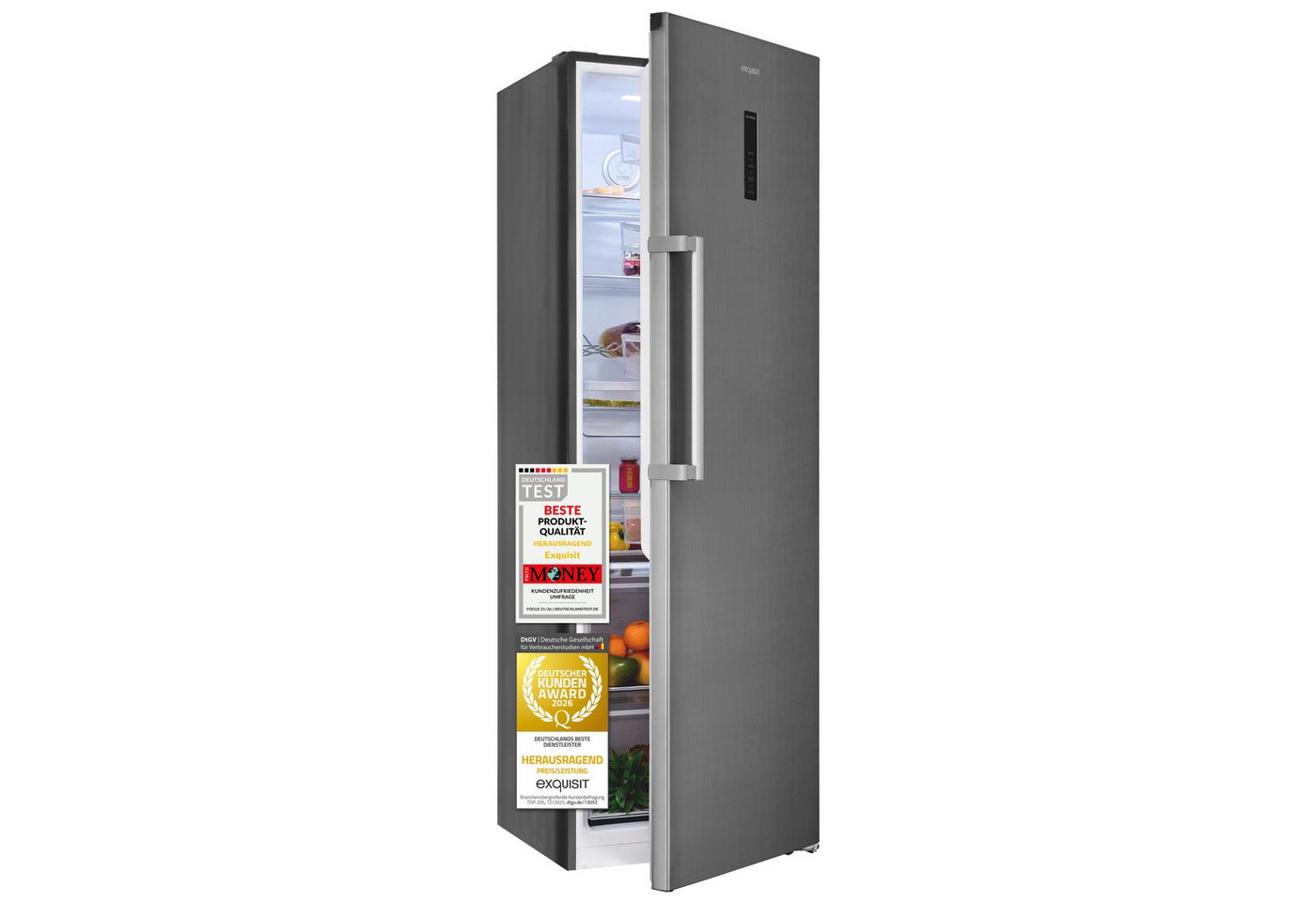 exquisit Vollraumkühlschrank KS5360-V-HE-040C inoxlook, 185 cm hoch, 60 cm breit, 359 l Nutzinhalt, LED Beleuchtung, 4 Ablagen, Energieklasse C Bild 4